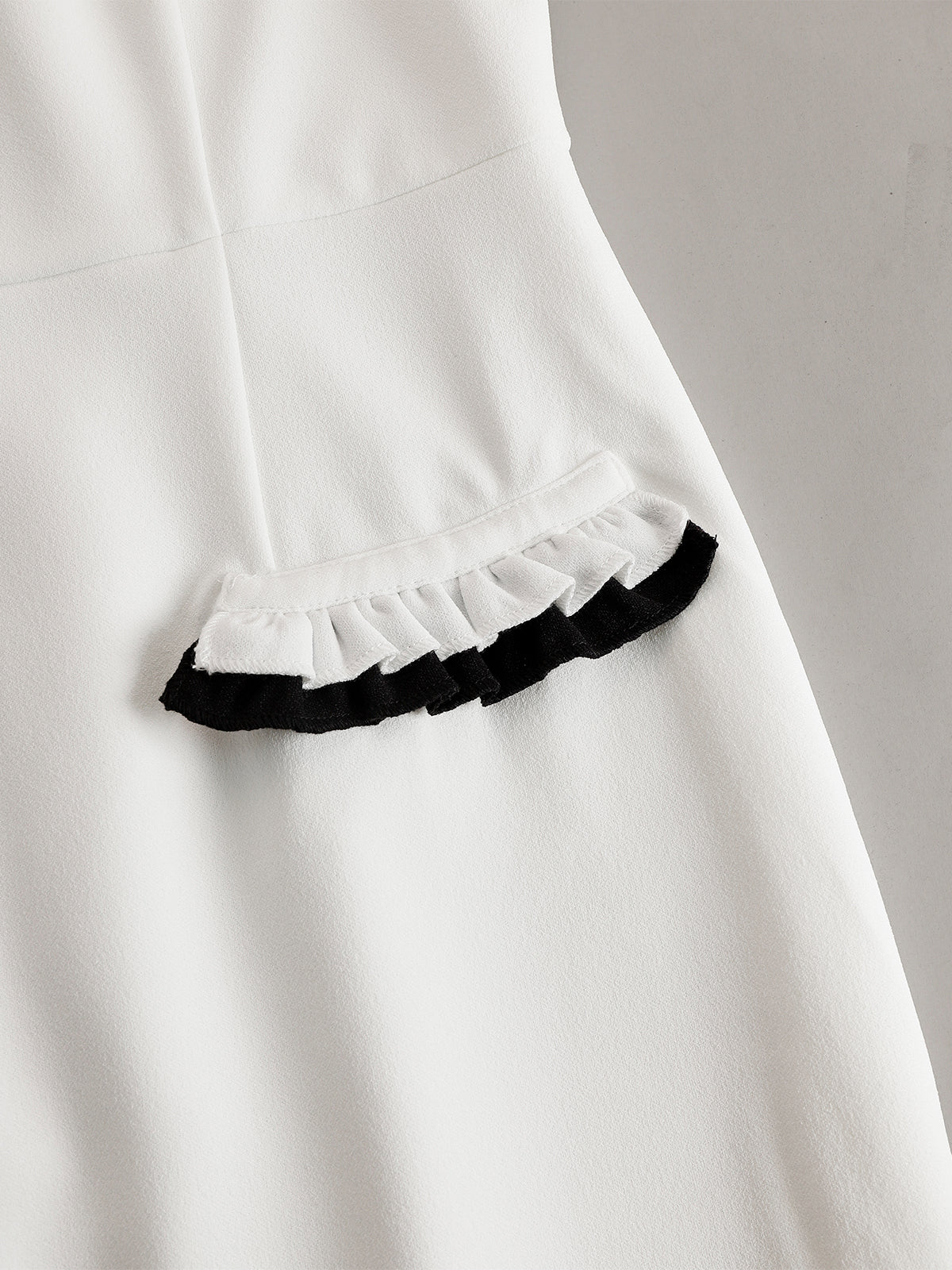 white dress black trim White Midi Dress With Black Ruffle Trim