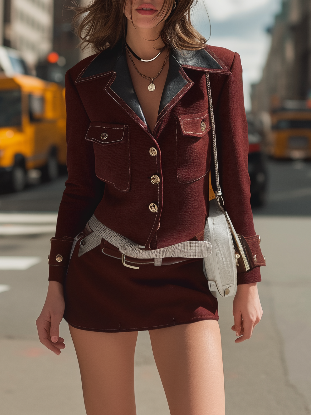 Burgundy Blazer Dress With Leather Collar