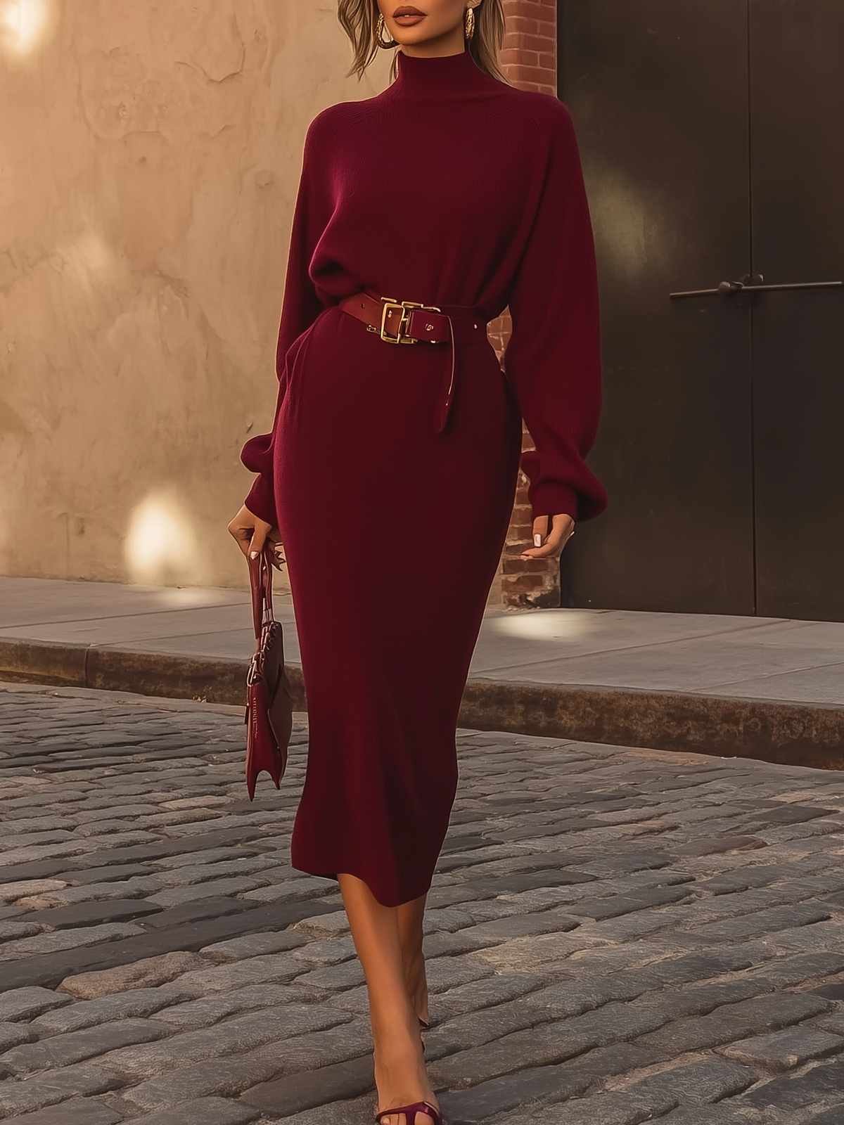 Burgundy Turtleneck Belted Midi Dress