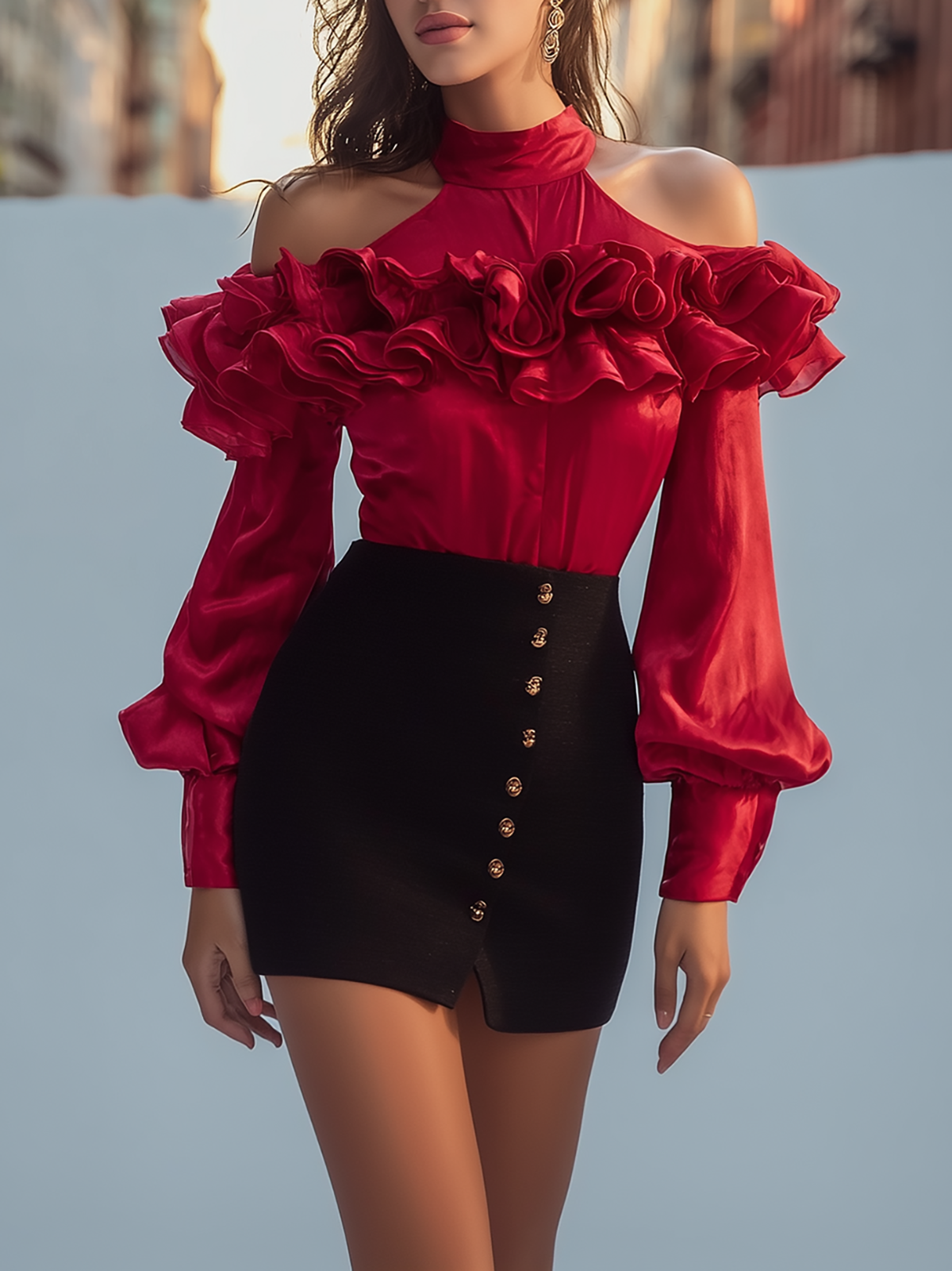 Red Ruffle Halter Top And Black Button Skirt Set