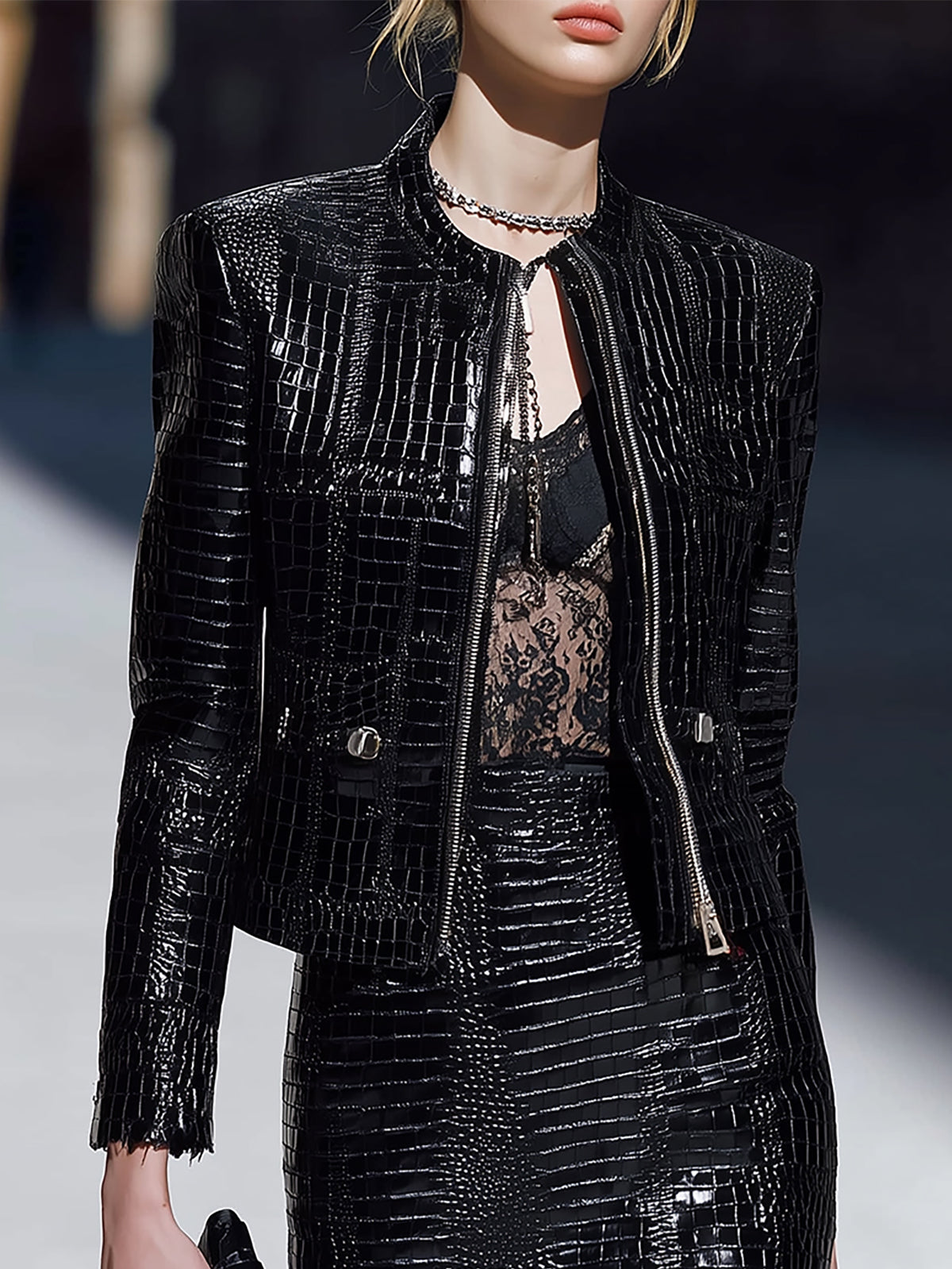Black Crocodile Patterned Leather Jacket