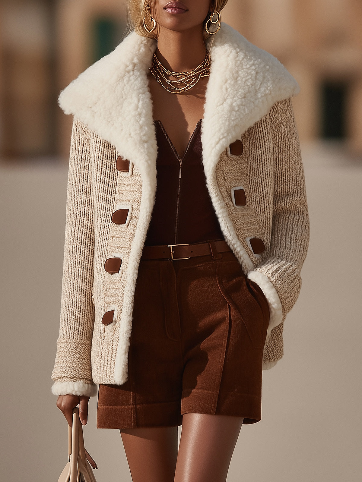 Sophisticated Beige Coarse - Knit Coat With White Collar