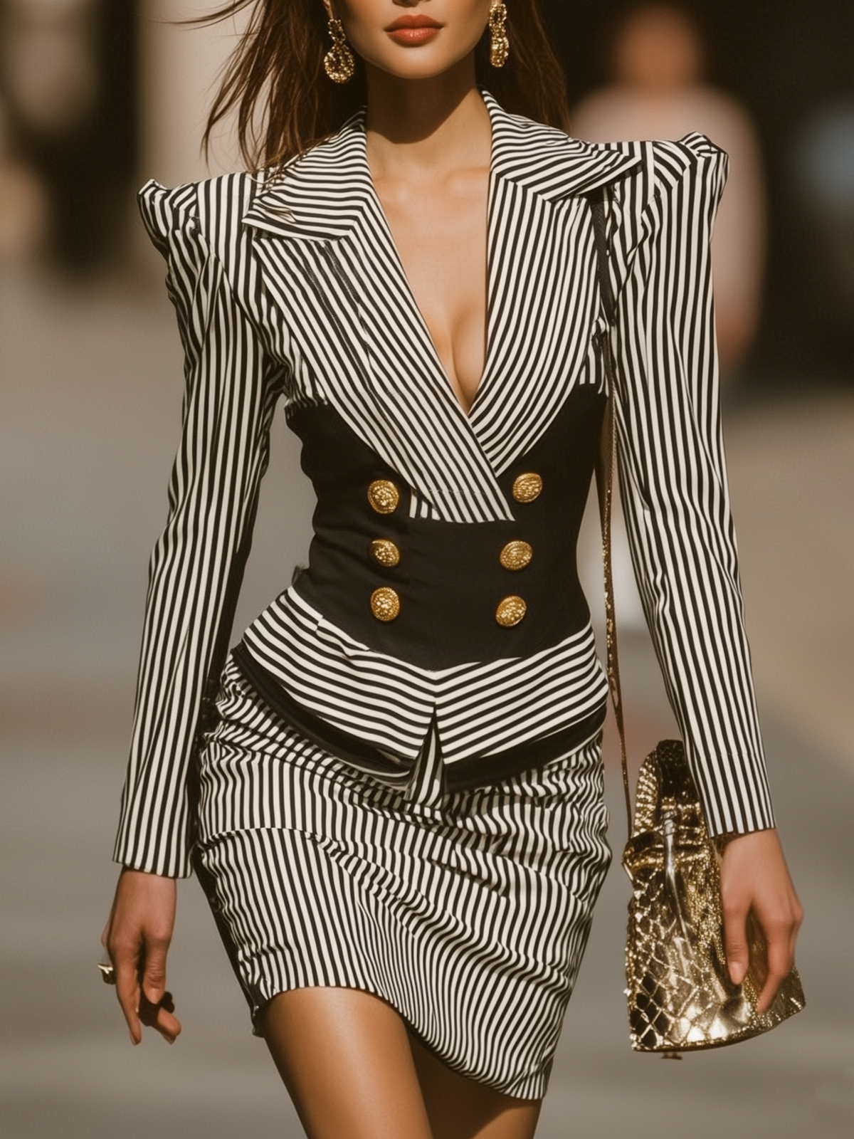 Striped Blazer Dress With Gold Button Accents Contrast Panel