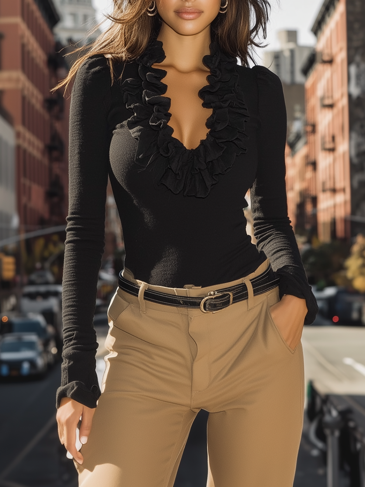 Black Ruffle Trim V Neck Long Sleeve Top