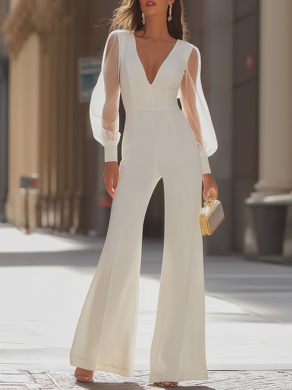 Off-white Jumpsuit With A Deep V-neck And Mesh Sleeves