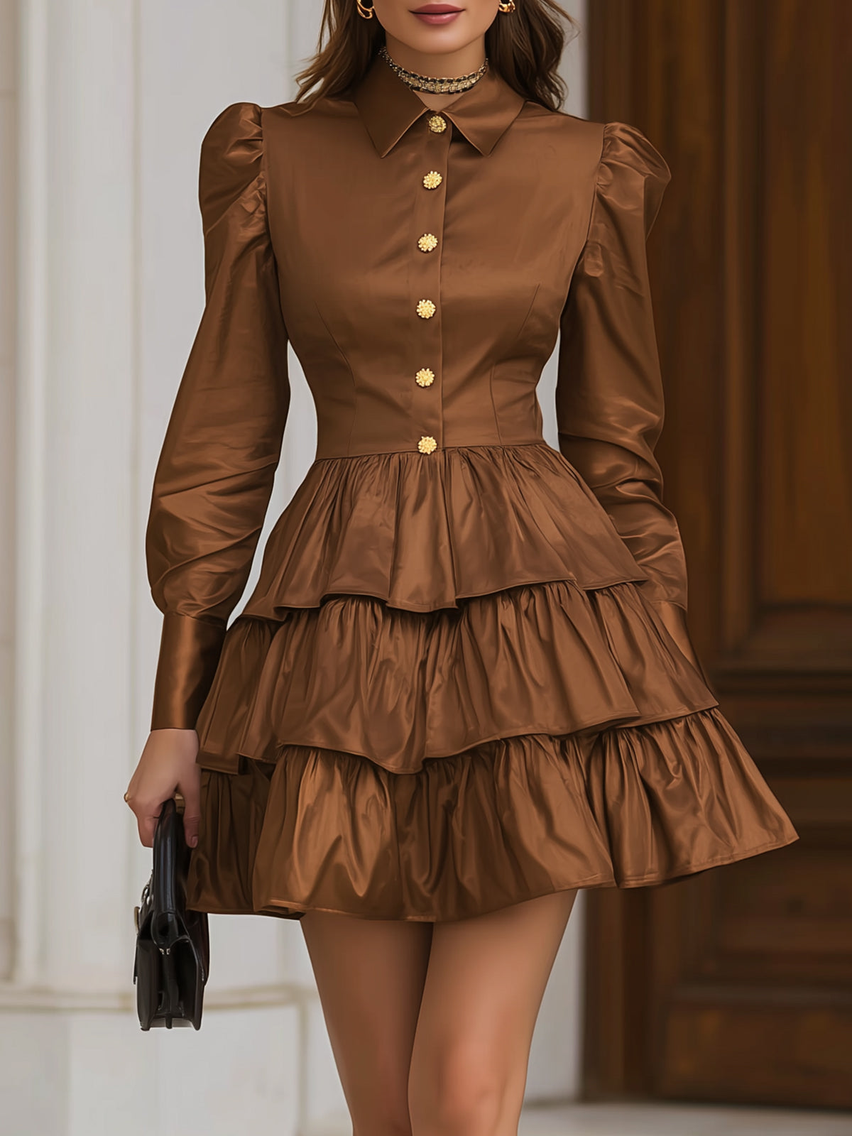 Caramel Brown Ruffled Tiered Mini Dress