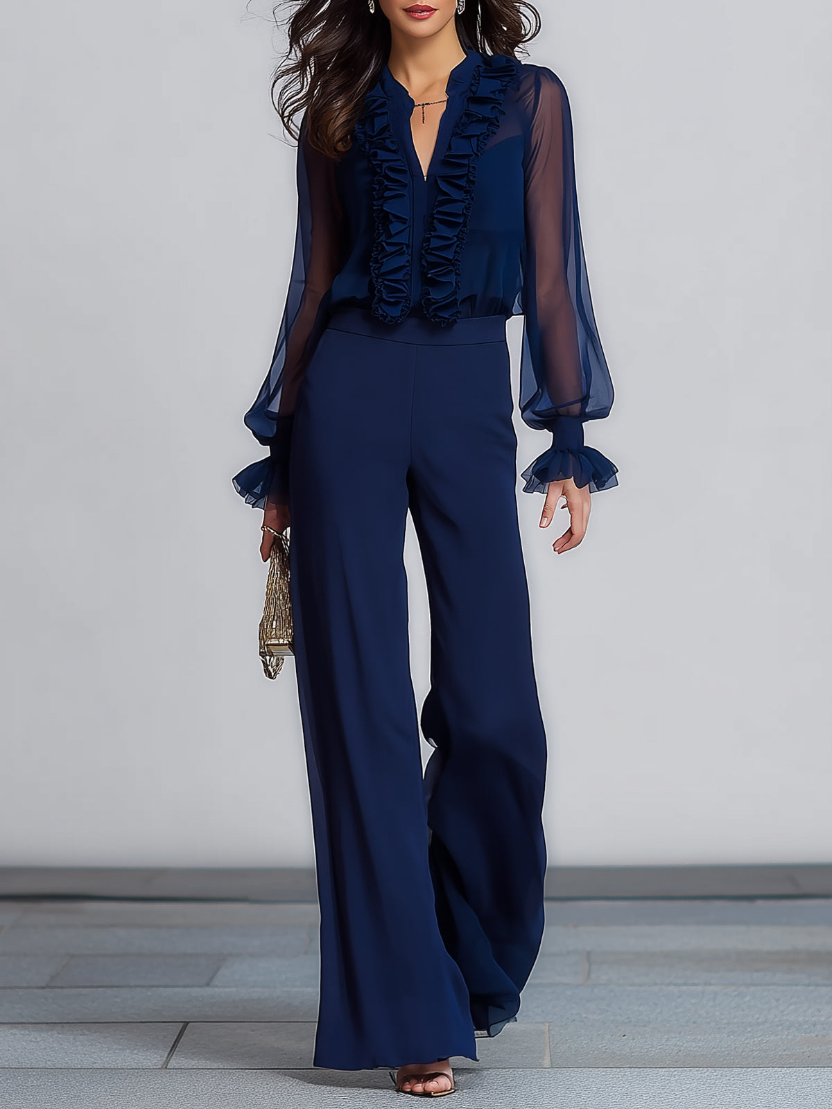 Chiffon Mesh Ruffled Shirt And Pants Set