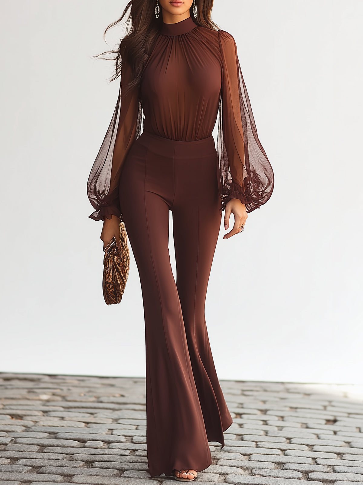 Chocolate-colored Sheer Top And Ruffled Flared Pants Set