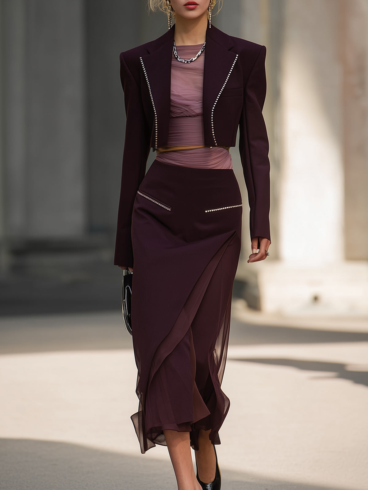 Burgundy Jacket And Patchwork Chiffon Midi Skirt Set