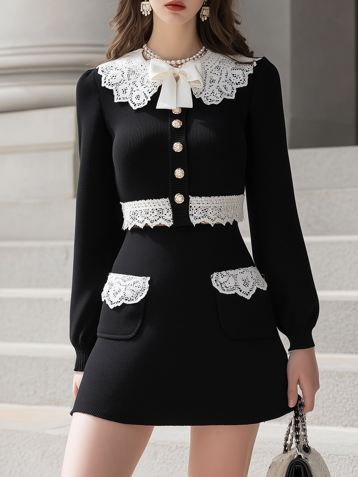 White Lace And Pearl Button Set