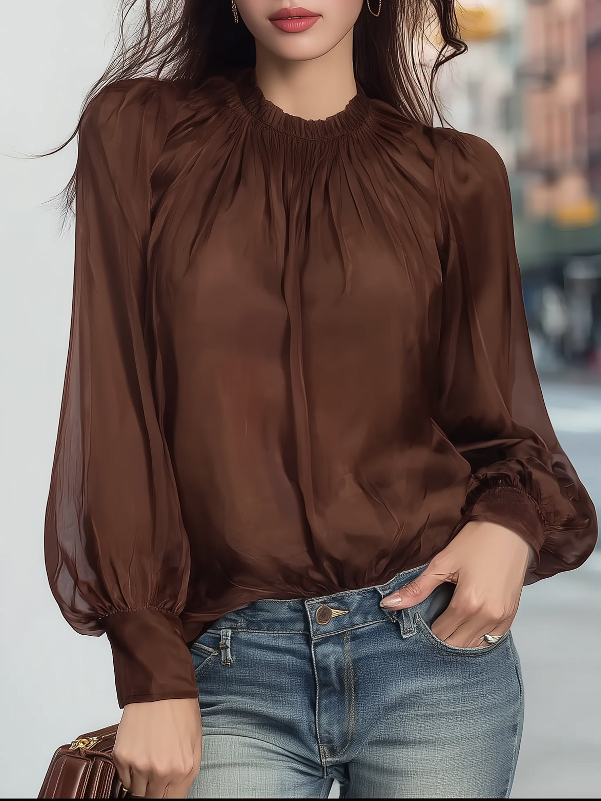 Stand-collar Puff-sleeved Chiffon And Satin Blouse