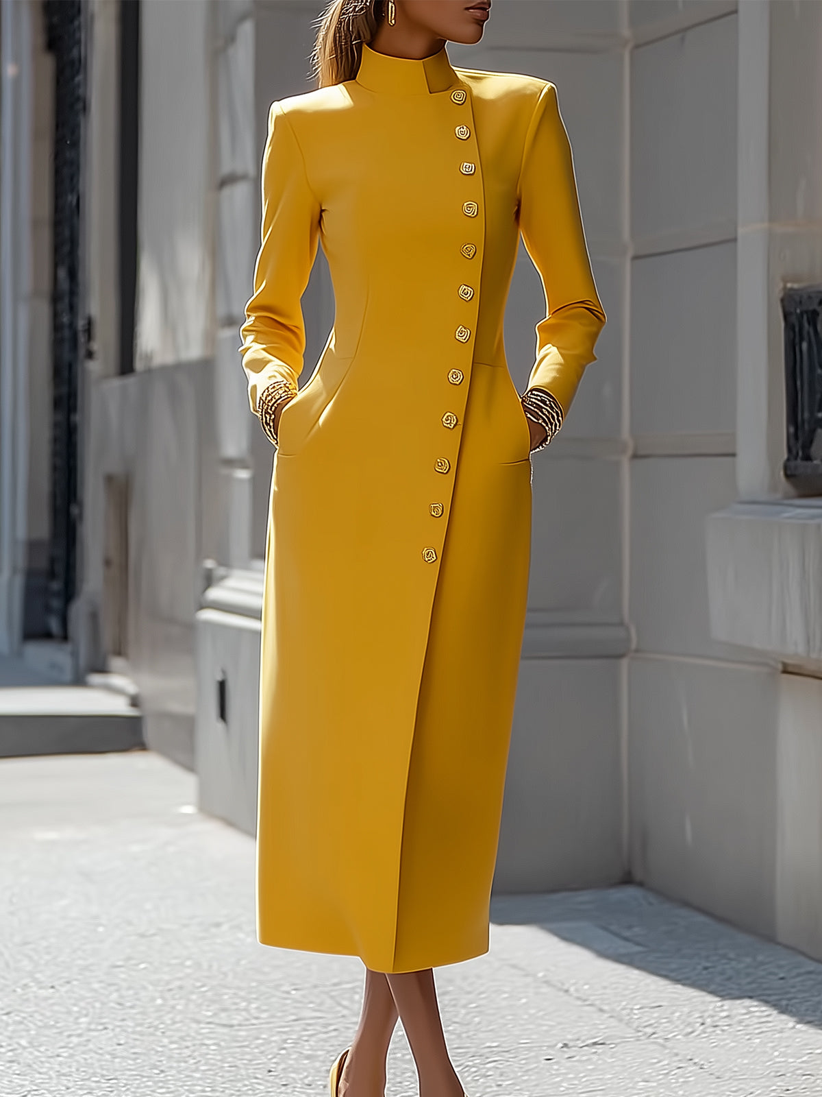 Mustard Yellow Stand Collar Diagonal Button Midi Dress