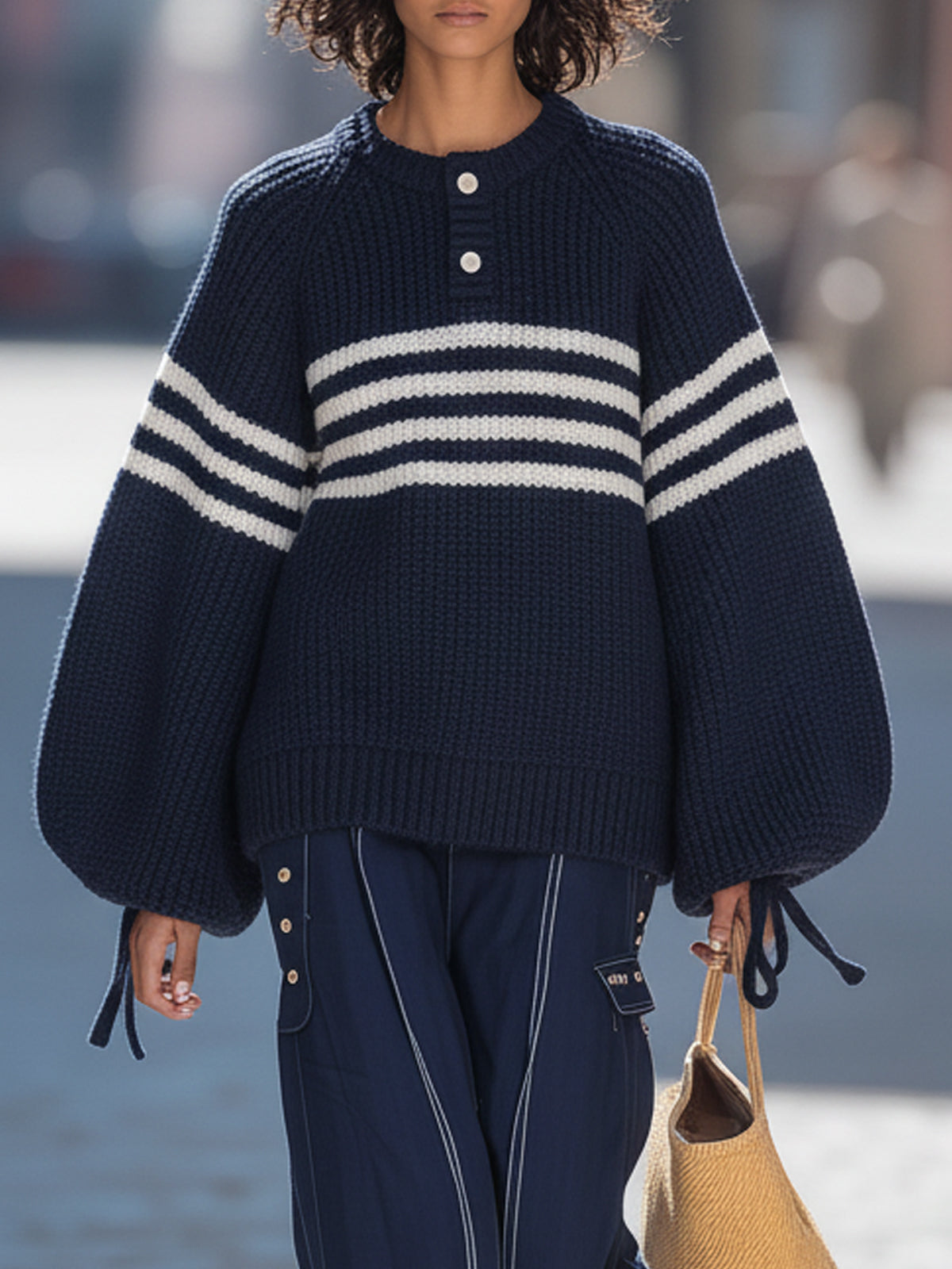 Vintage Striped Lantern Sleeve Knit Sweater