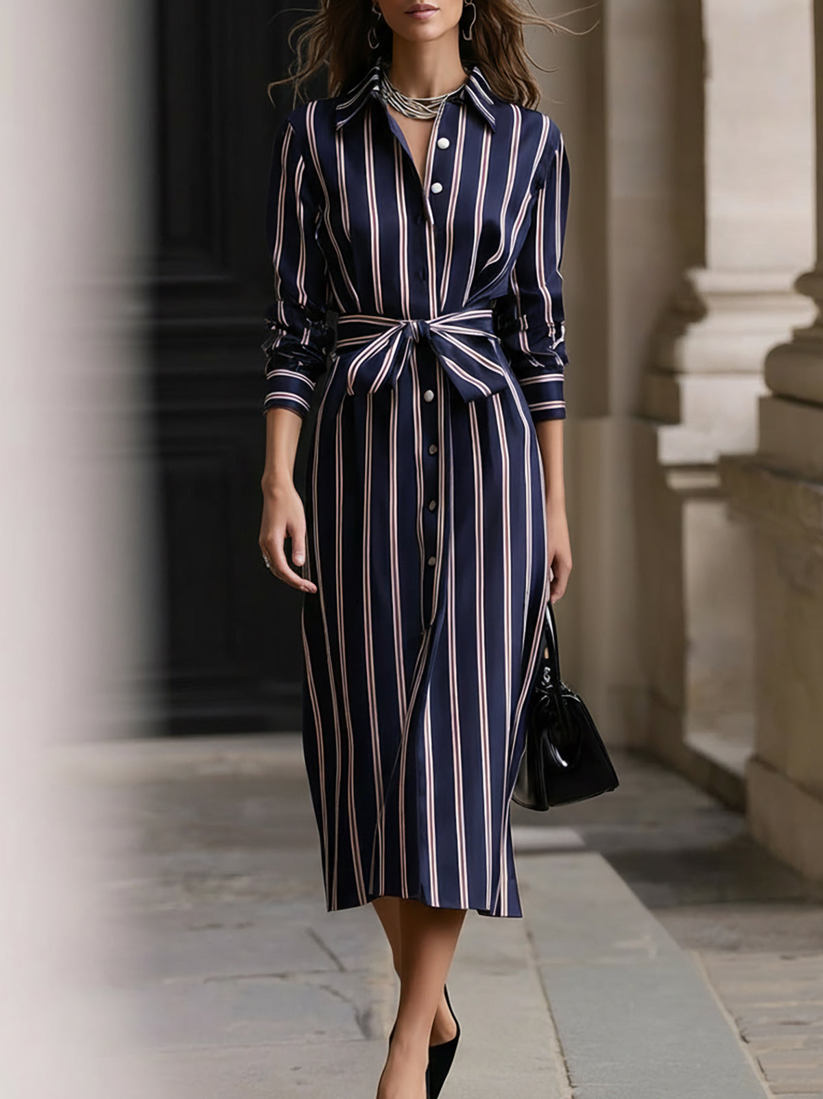 Elegant Navy Satin Dress With Light Pink Stripes