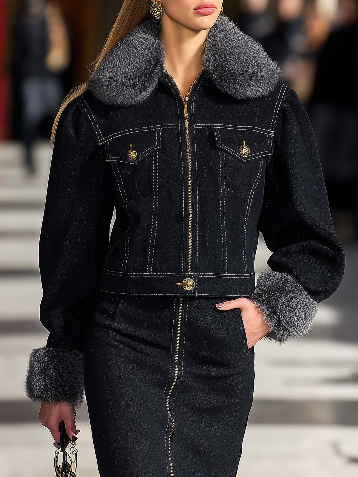 Dark Denim Jacket With Grey Fur Collar