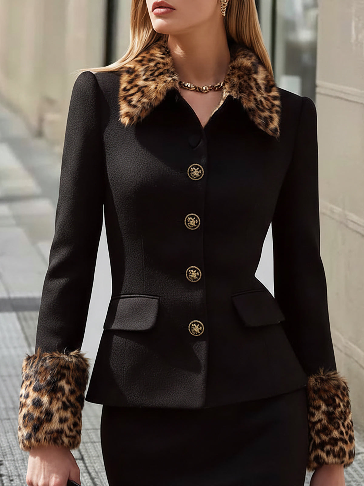 Black Jacket With Leopard Print Faux Fur Collar And Cuffs