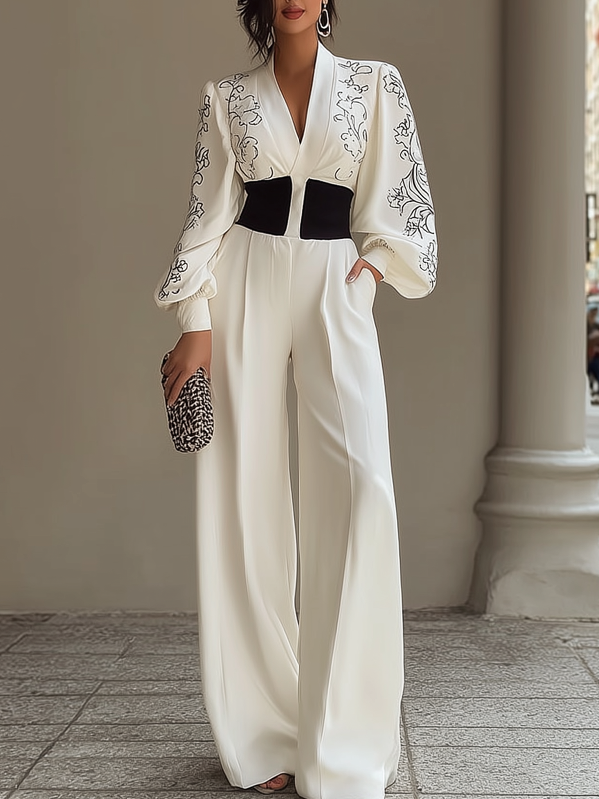White Printed Sleeve Jumpsuit with V Neck and Contrast Waist
