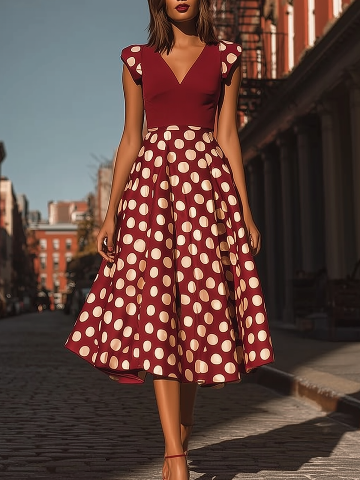 Vintage Inspired Wine Red Polka Dot Cap Sleeve Dress