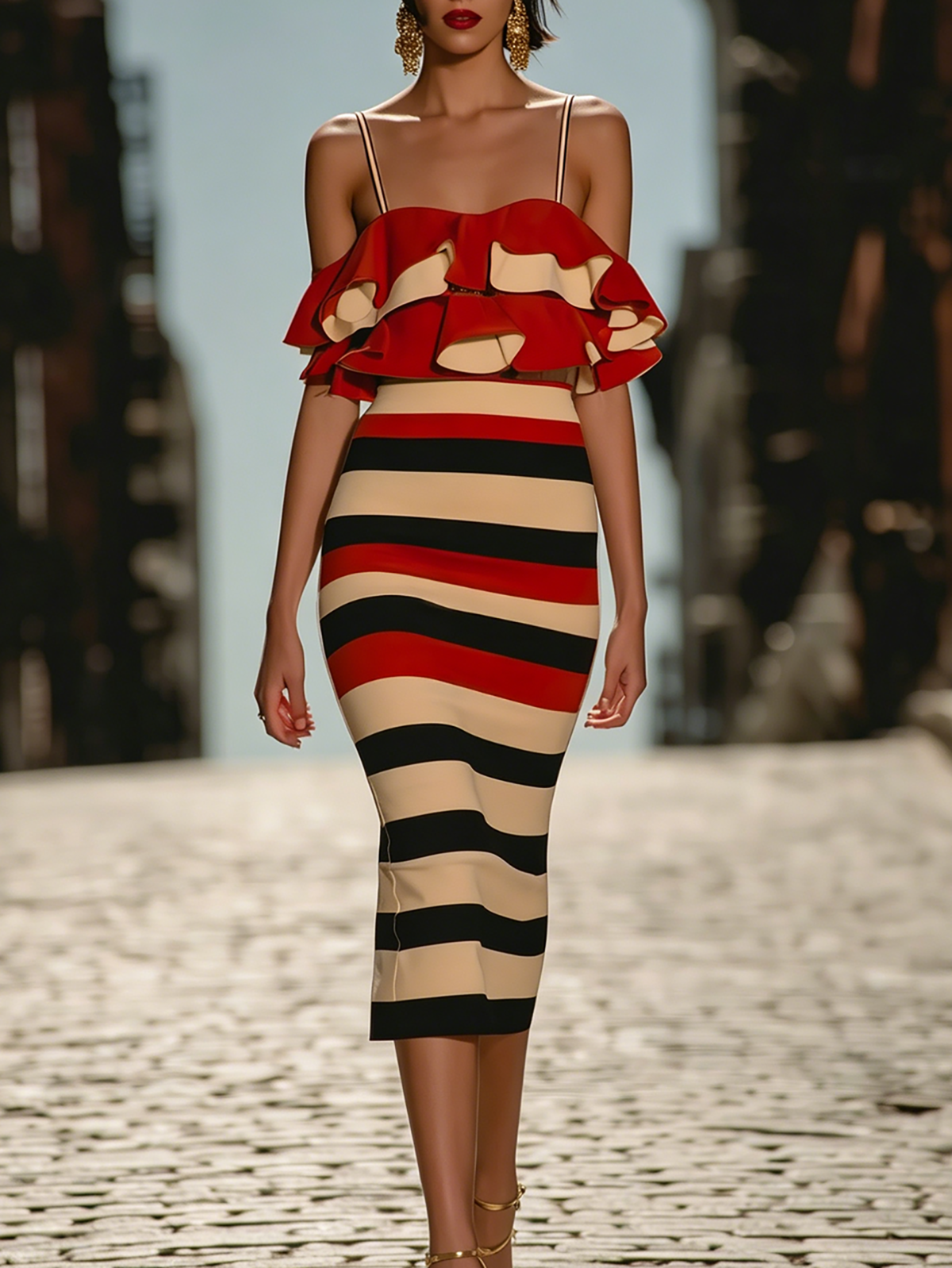 Ruffle Trim Three Tone Red Beige Black Striped Midi Dress