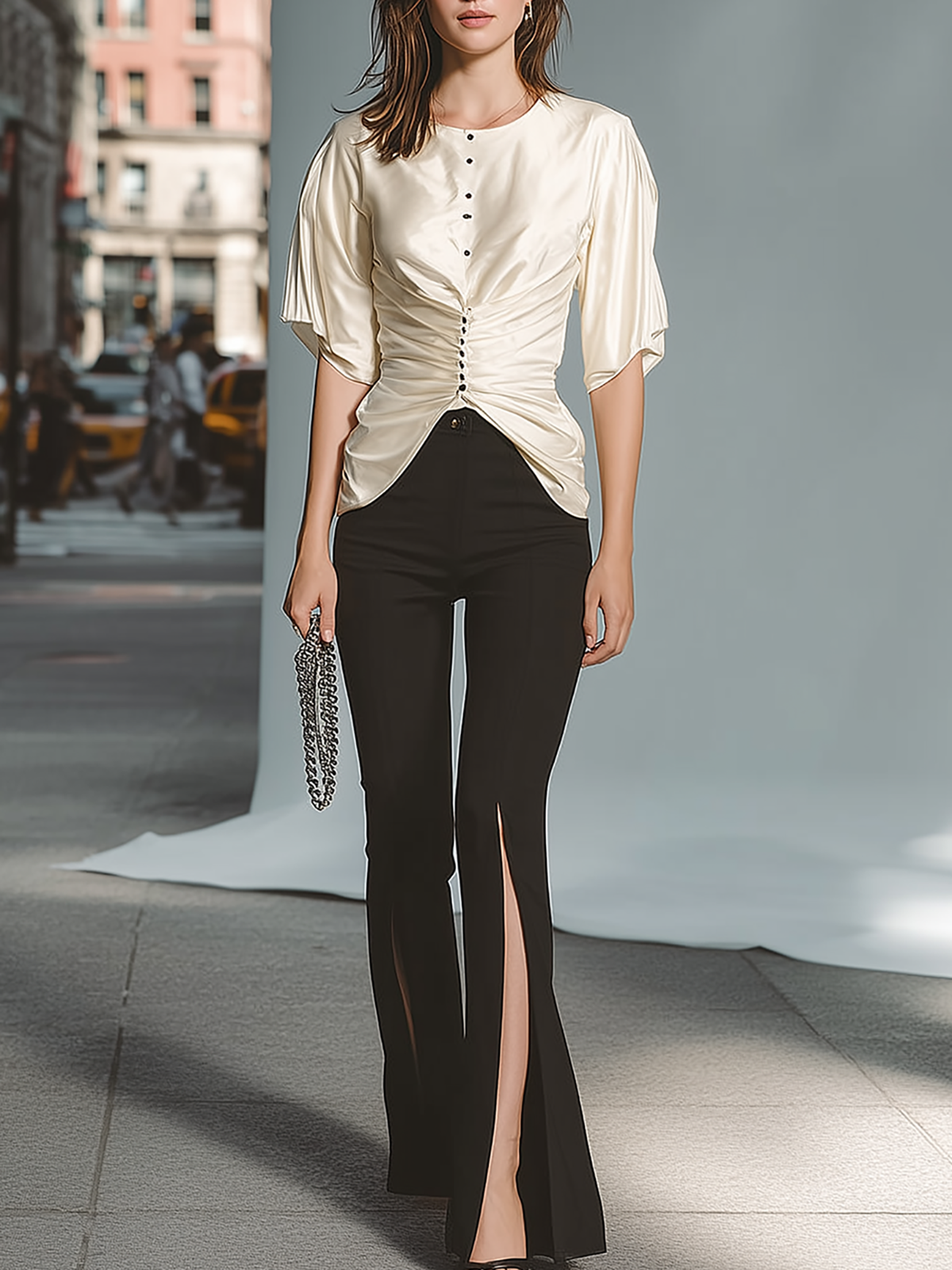 Cream Satin Ruched Top And Black Flare Pants