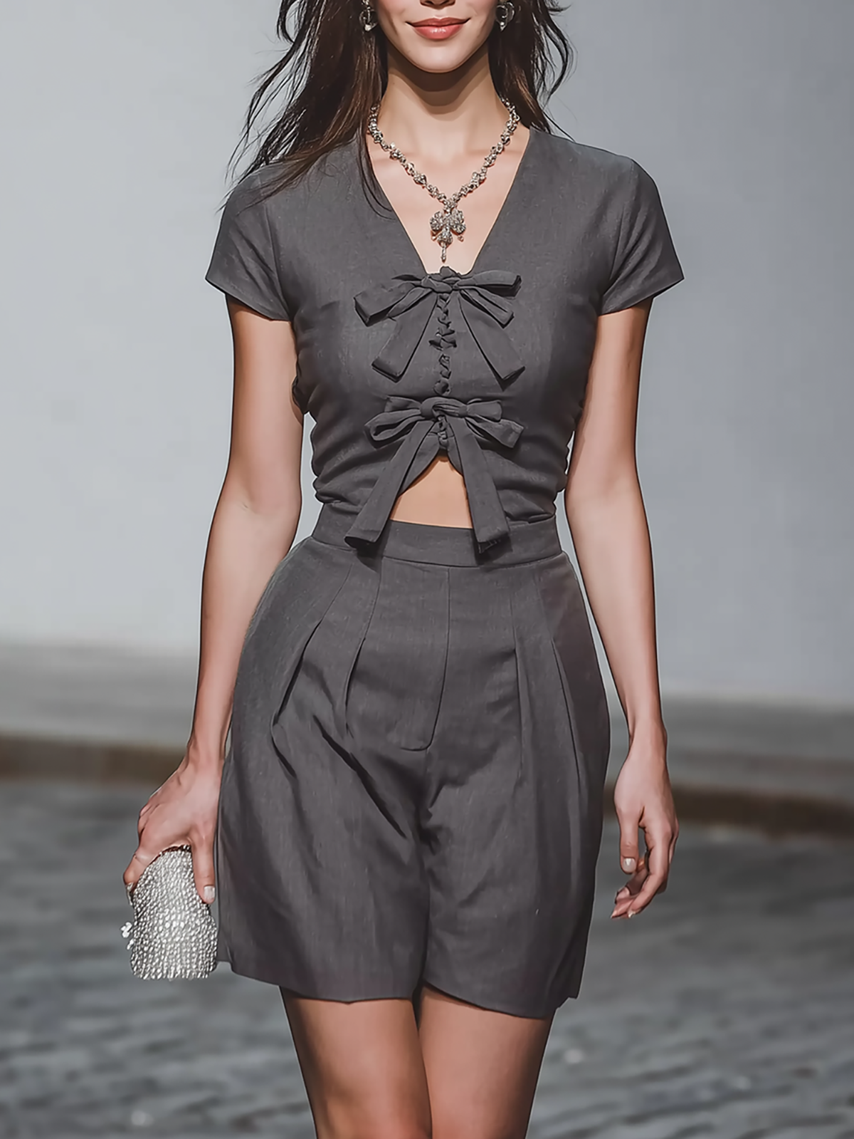 V Neck Bow Crop Top And High Waist Shorts