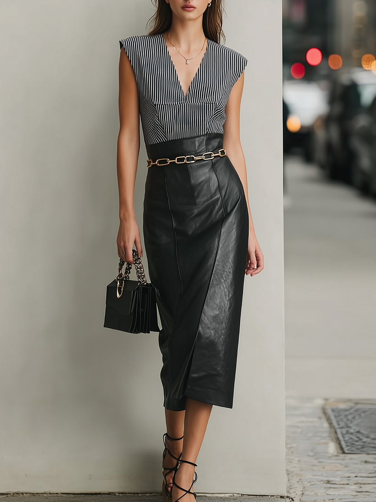 Striped V Neck Top And Leather Midi Skirt Set