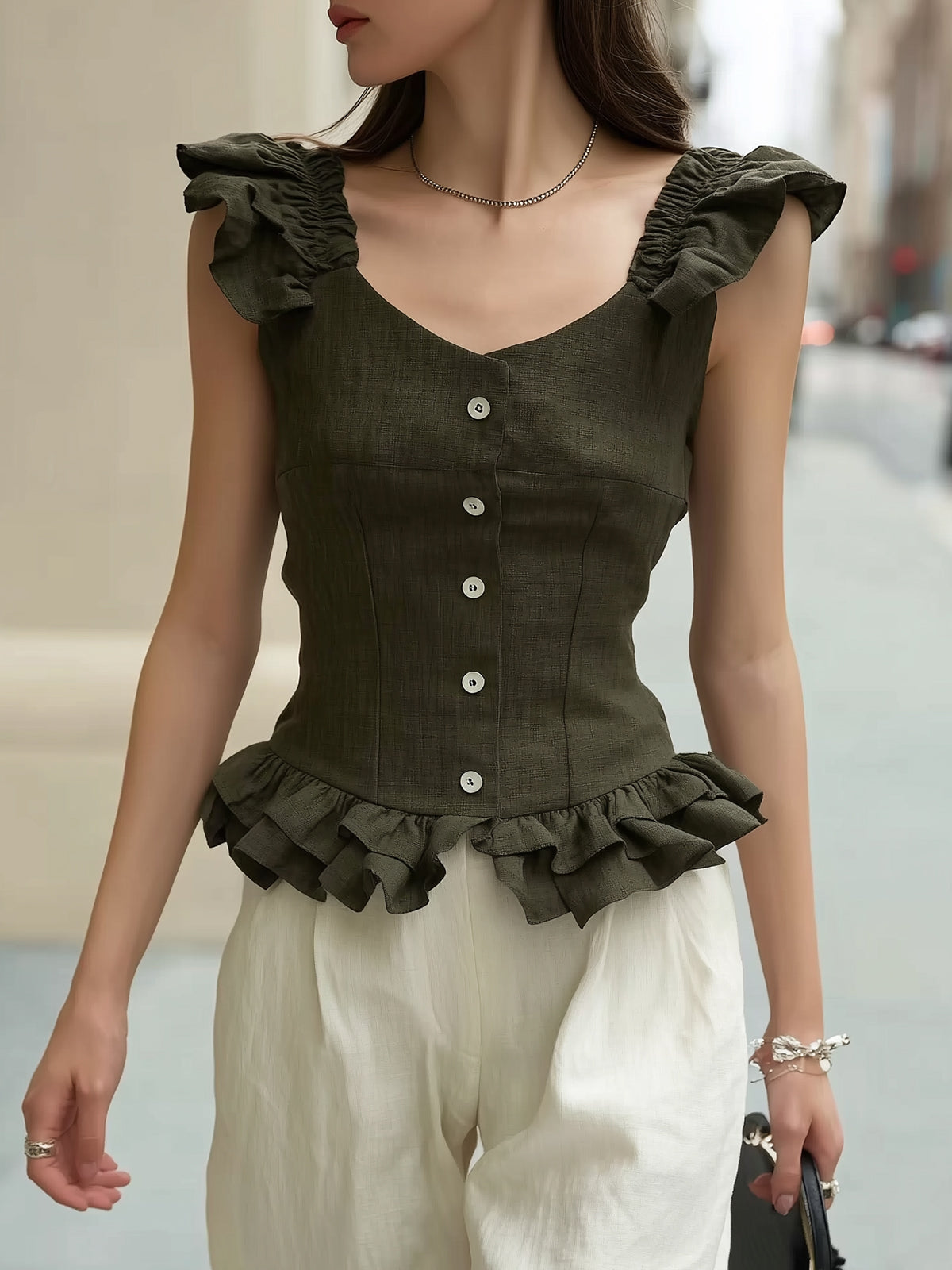 Dark Green Linen Blend Ruffle Top