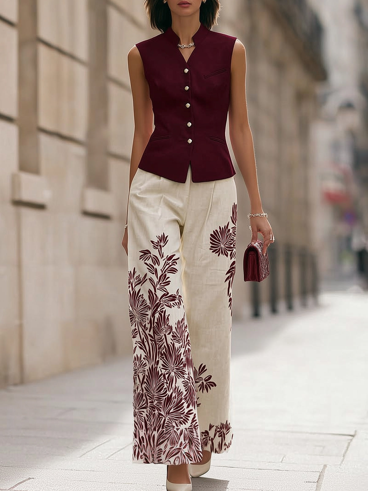 Burgundy Vest And Floral Print Wide Leg Pants Set