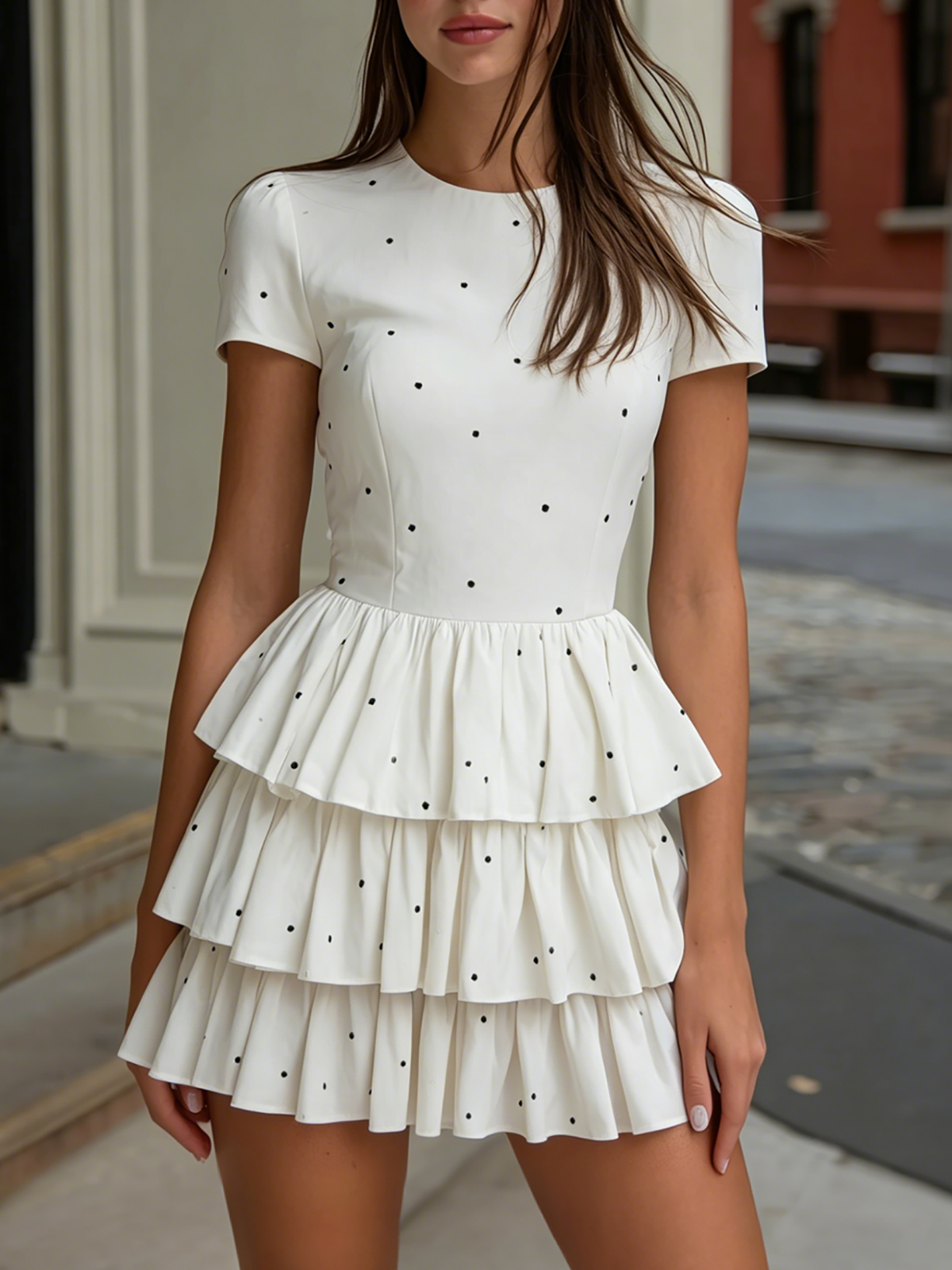 White Polka Dot Tiered Ruffle Mini Dress