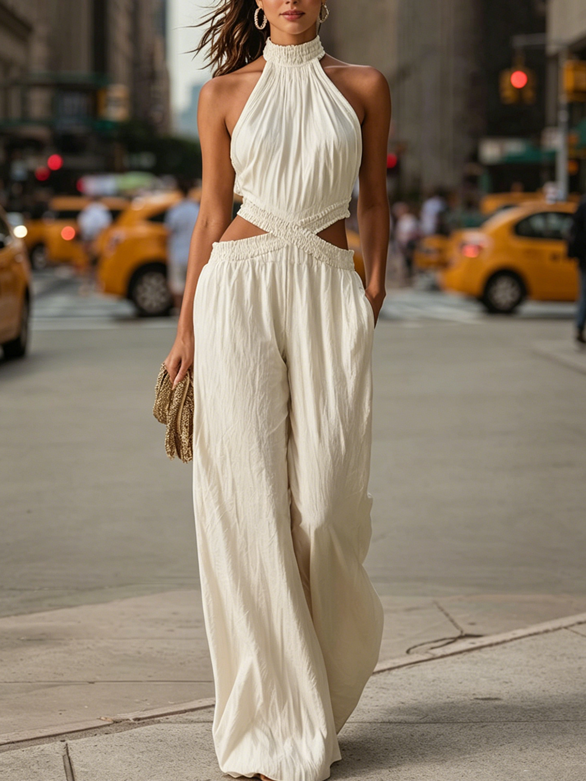 Halter Waist Cutout White Wide Leg Jumpsuit