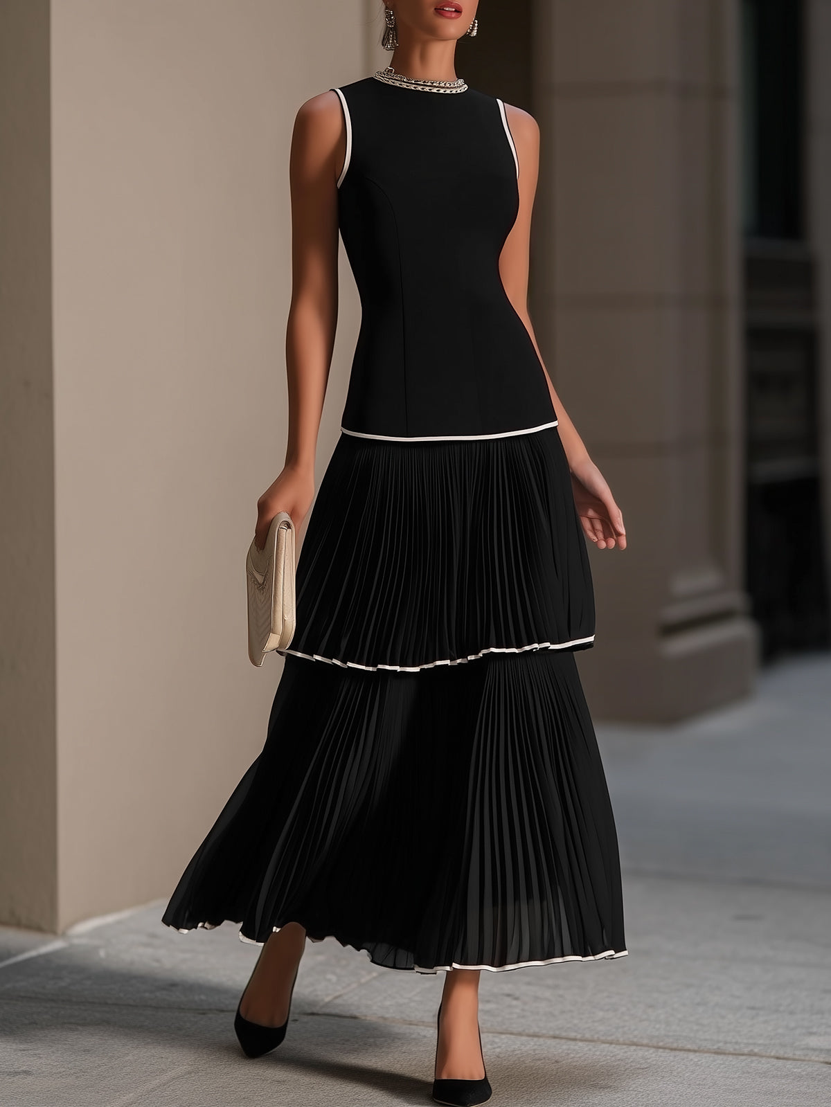 Black White Trim Tiered Pleated Maxi Dress
