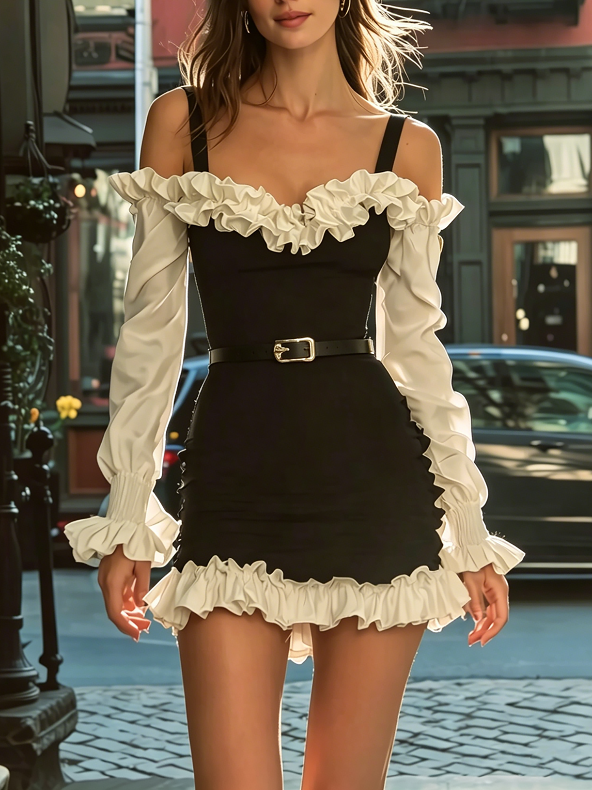 Frill Neck Cuff And Hem Slim Fit Casual Dress
