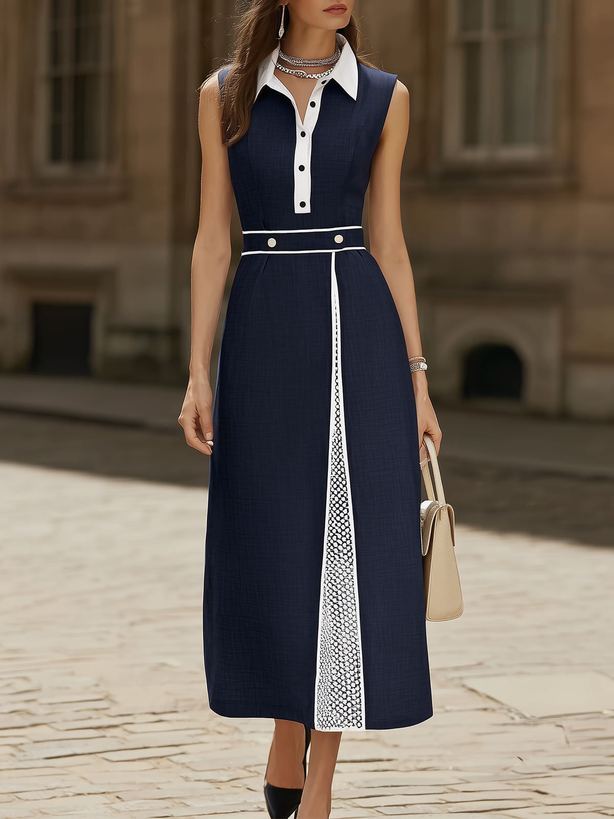 Navy Blue White Trim Midi Dress