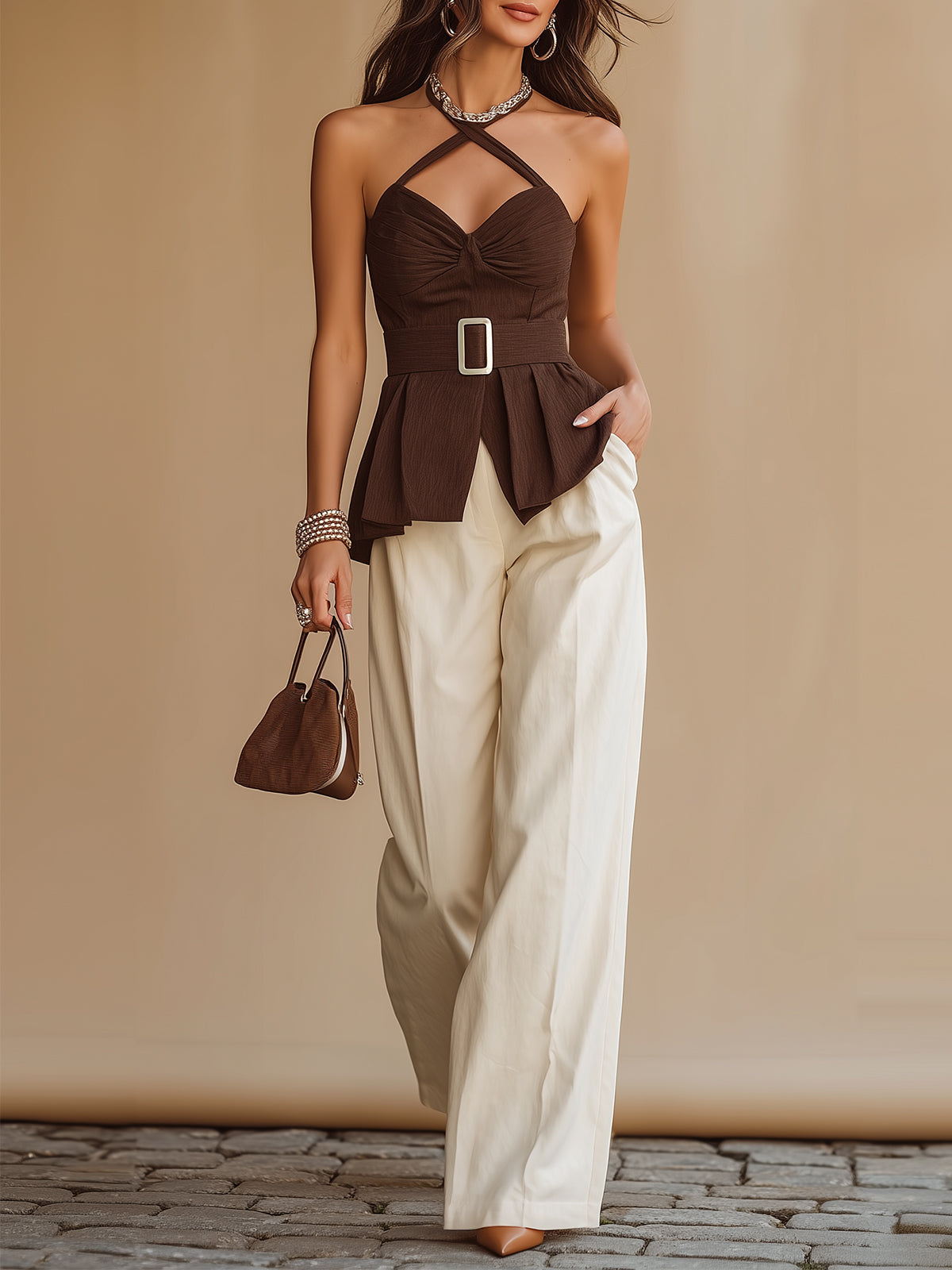 Brown Halter Top White Wide Leg Pant Set