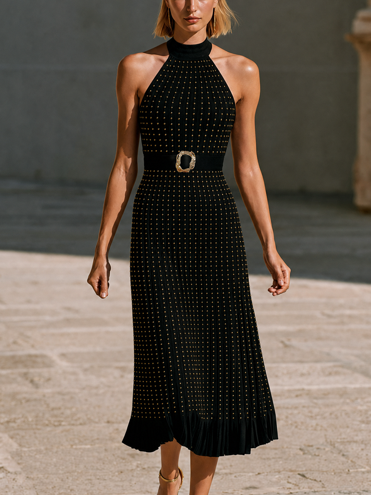 Black Gold Stud Halter Pleated Knit Midi Dress