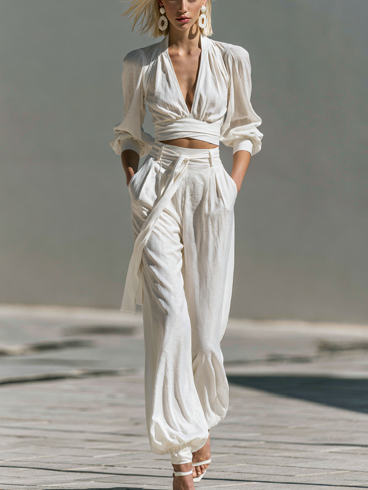 White Deep V Wrap Crop Top Cuffed Jogger Pant Two-Piece Set
