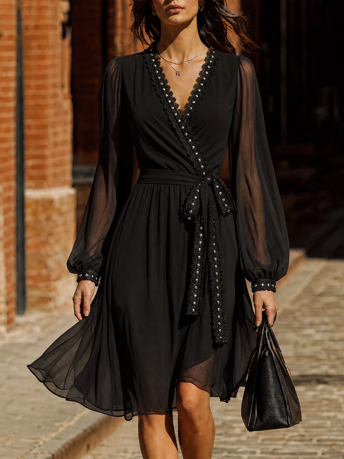 V-Neck Belted Flowy Chiffon Wrap Dress