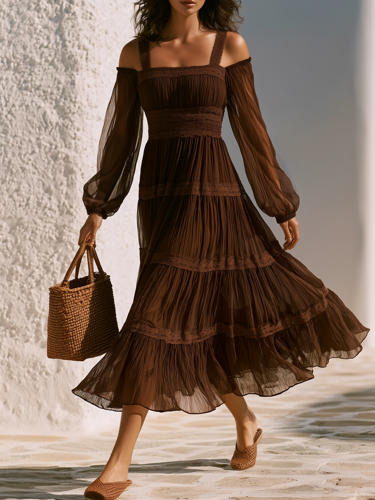 Lace Trim Cold Shoulder Tiered Crinkle Chiffon Midi Dress