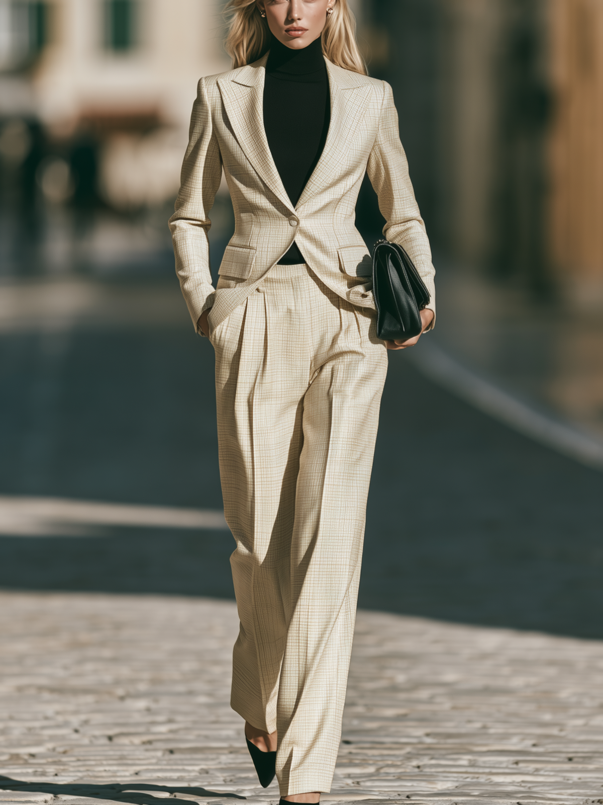 Cream Fine Grid Single Breasted Fitted Blazer Wide Leg Trouser Two-Piece Suit