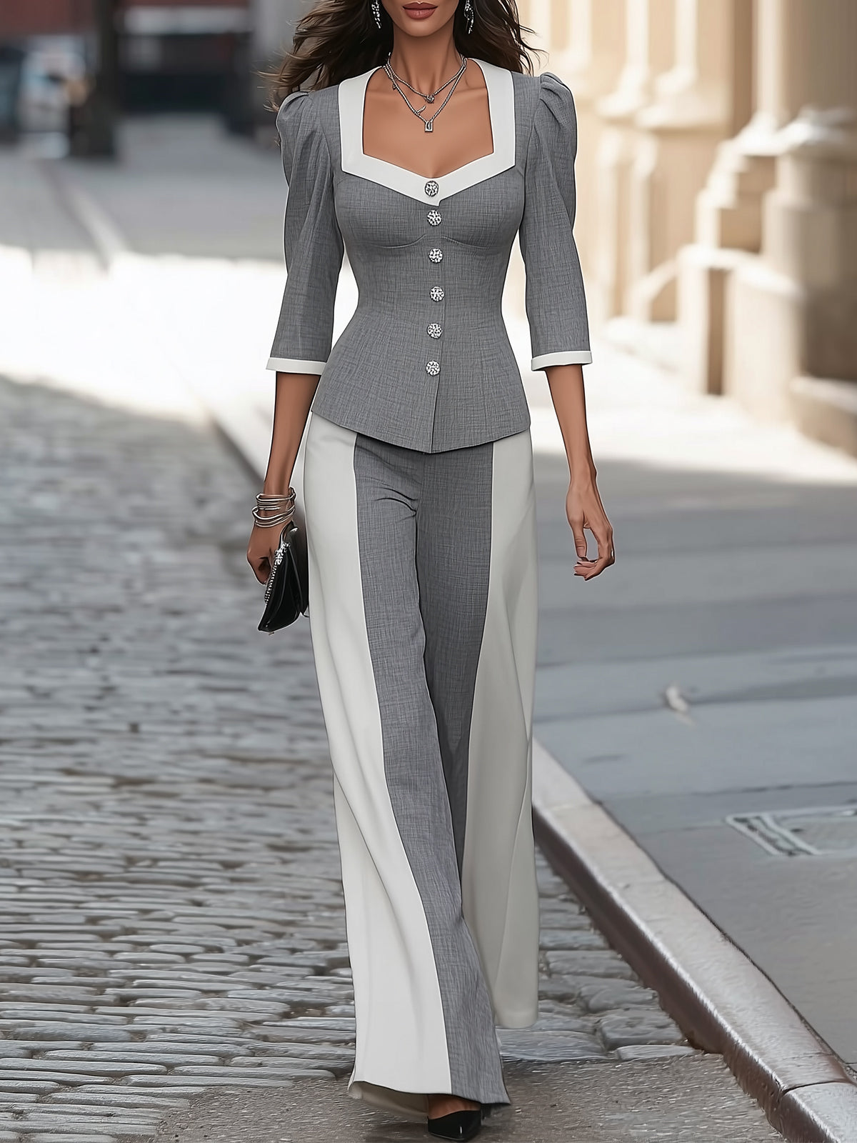 Grey White Contrast Square Neck Peplum Pant Set