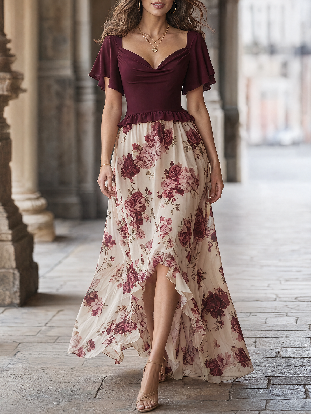 Burgundy Floral High Low Maxi Dress
