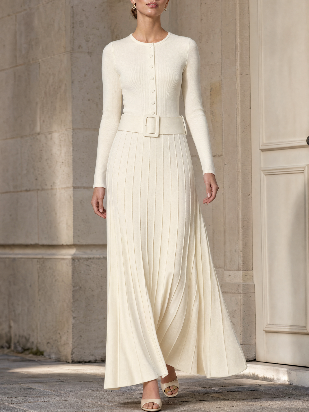 Ribbed Knit Button-Front Belted Maxi Sweater Dress