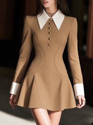 Light Khaki Mini Dress With White Collar And Cuff