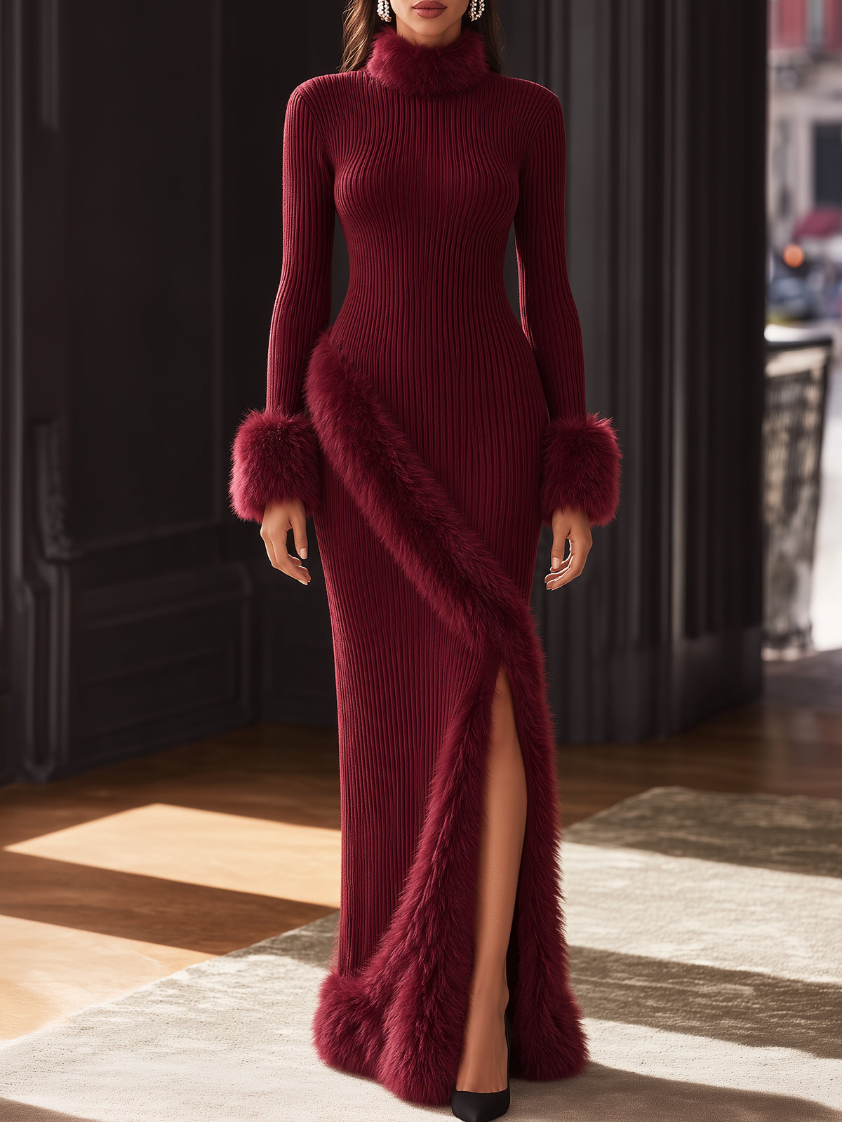 Elegant Burgundy Knit Maxi Dress With Faux Fur Trim