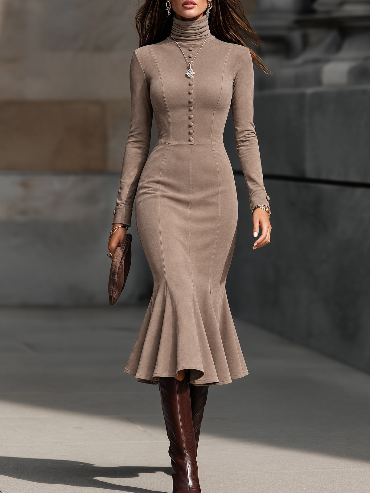 Taupe Faux Suede Mermaid Midi Dress