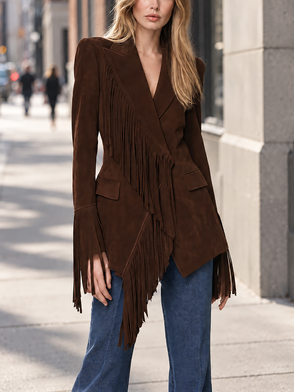 Suede Fringe Asymmetric Hem Blazer