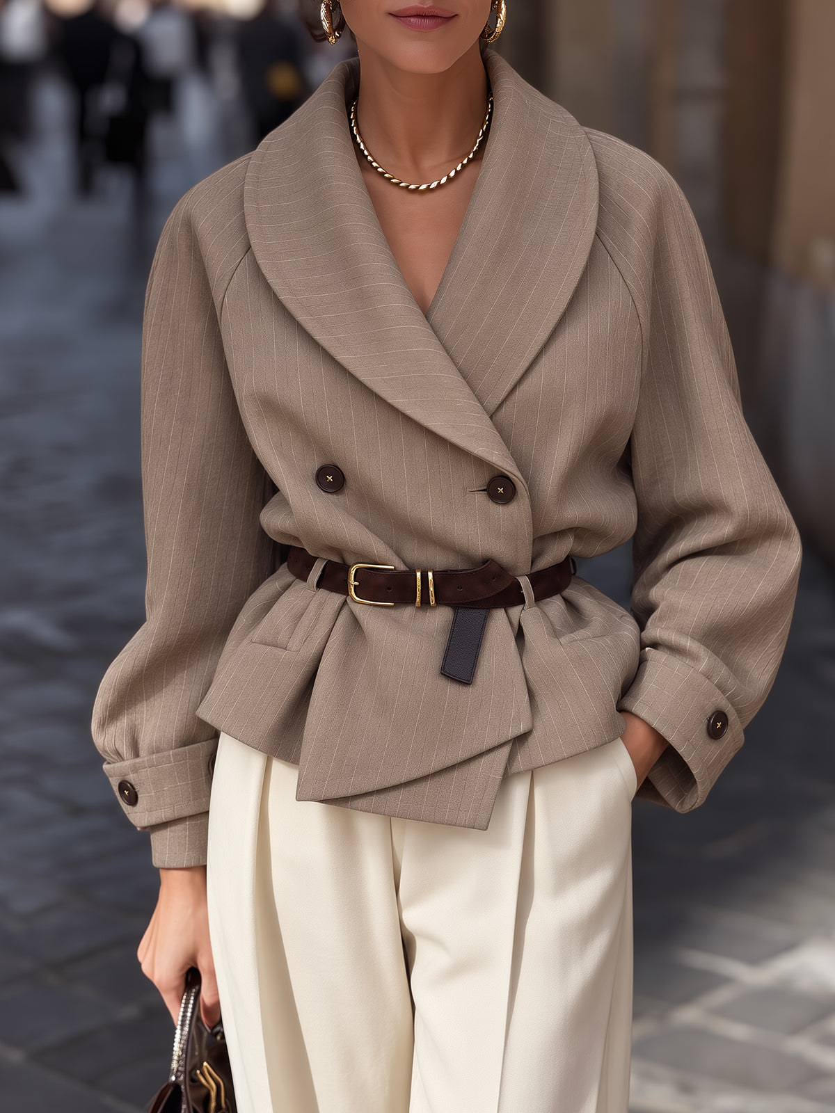 Chic Beige Pinstripe Wrap Jacket