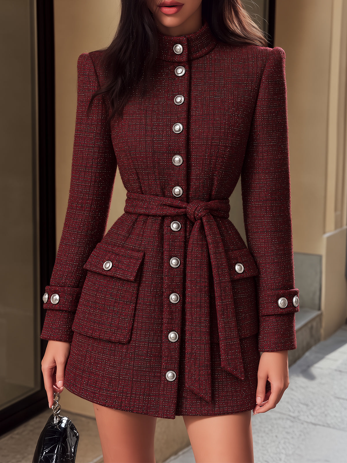 Burgundy Tweed Belted Mini Dress