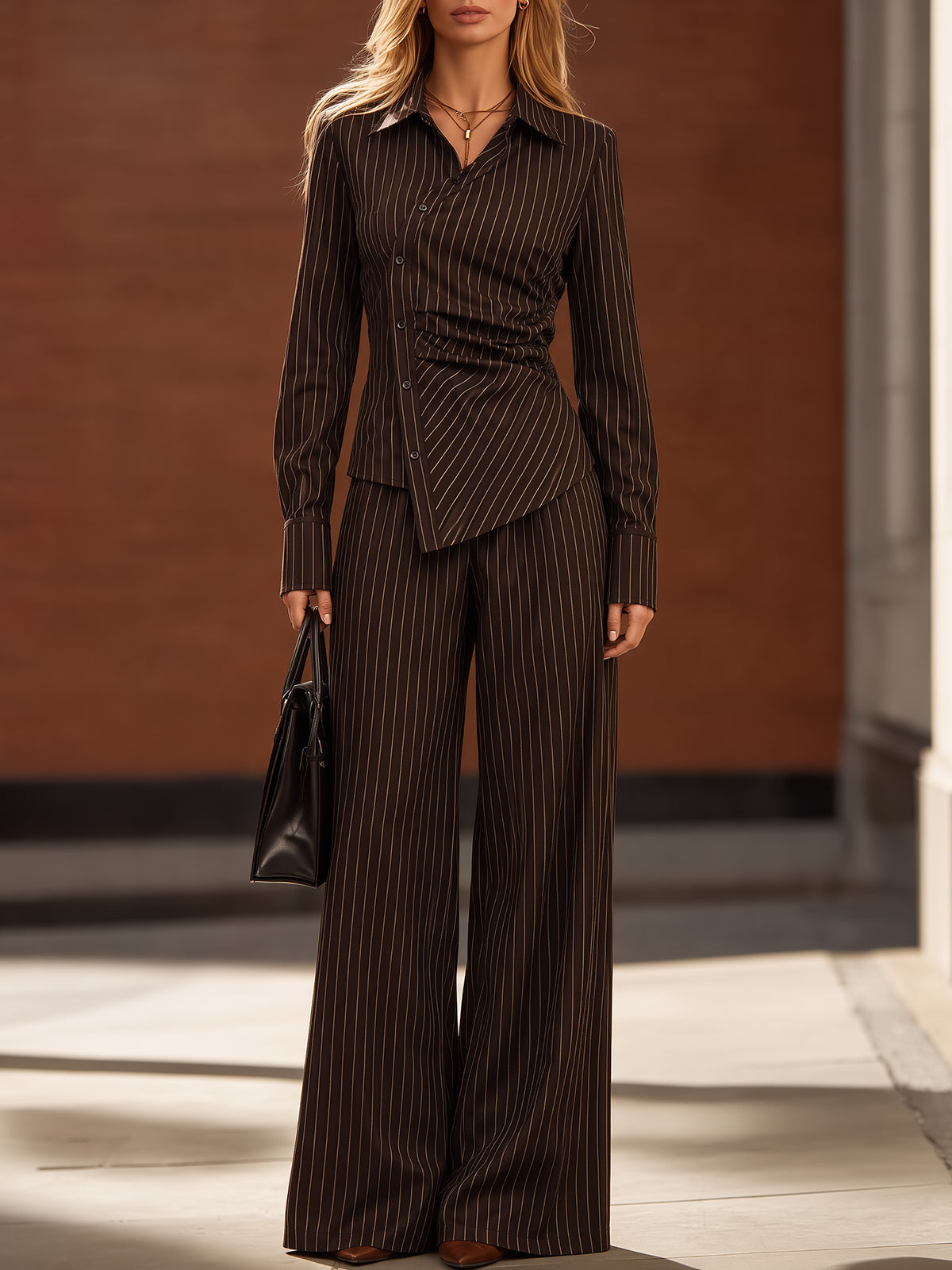 Dark Brown Pinstripe Shirt Wide Leg Pant Set