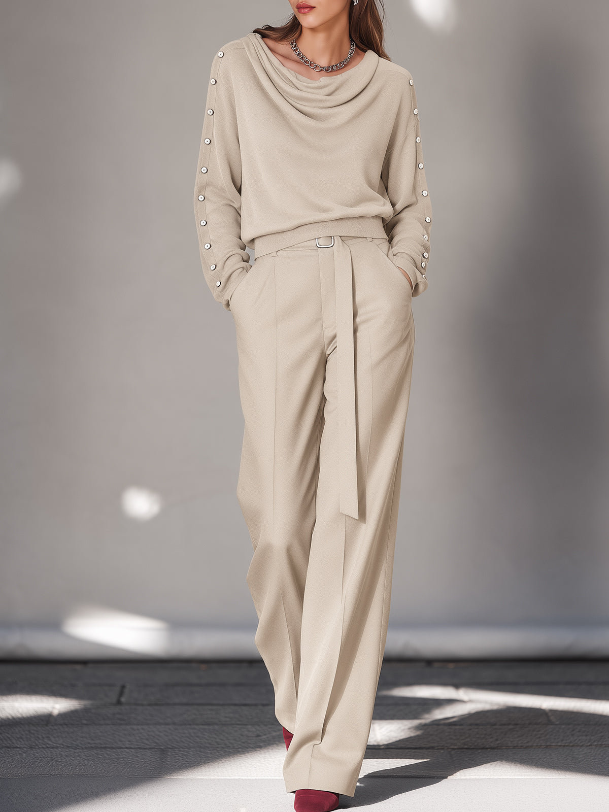 Off White Cowl Neck Button Sleeve Two Piece Set